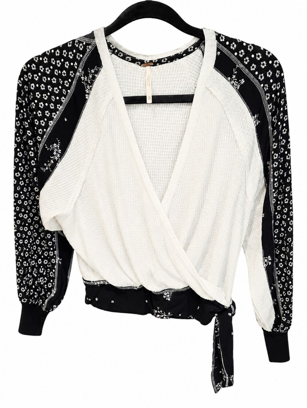Free People Cream Knit Thermal Tank with Black Floral Trim - Picture 2 of 6